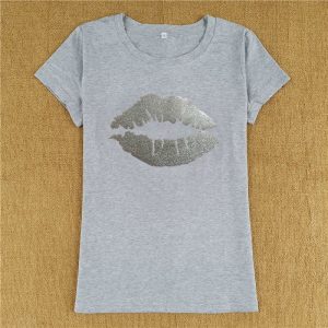 Women  Summer New  Lip Printings round Neck Short Sleeve T-shirt - Gray Clothing Silver Picture - Extra Large