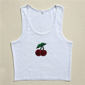 Vest Women  Clothing 2021 Summer New Solid Color Embroidered Printed Slim Fit Crop-Top Short Top - Cherry - Large