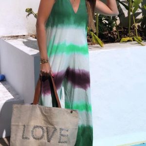2021 Summer New Ladies Fashion Loose Fitting Sleeveless Shirt Printed Jumpsuit - Green - Extra Large