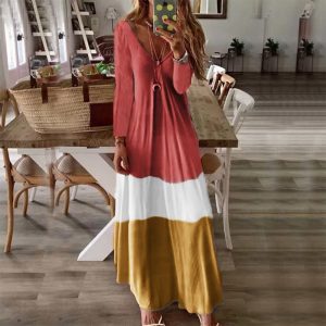 2021 New Women Clothing  plus Size Loose Fitting V Neck Long Sleeves Dress - Red - XX Large