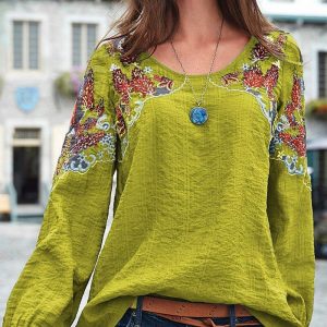 2021 Plus Size Spring and Summer Casual Loose Women Wear Embroidery National Style Top - Green - XXX Large