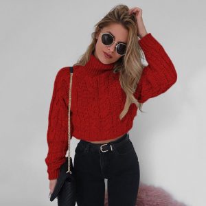 Hot Sweater Turtleneck Hemp Pattern Solid Color Short Sweater Knitwear Women Thick Needle Sweater Plus size - Red - XXX Large