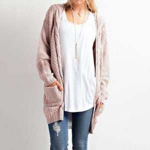 Hot Knitwear  Solid Color Loose-Fitting Large Size Pocket Twist Sweater Cardigan Plus size - Pink - XXX Large