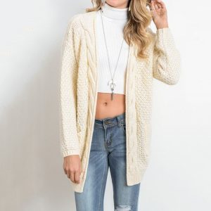 Hot Knitwear  Solid Color Loose-Fitting Large Size Pocket Twist Sweater Cardigan Plus size - White - XXX Large