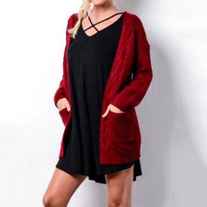 Hot Knitwear  Solid Color Loose-Fitting Large Size Pocket Twist Sweater Cardigan Plus size - Burgundy - XXX Large