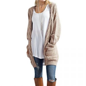 Hot Knitwear  Solid Color Loose-Fitting Large Size Pocket Twist Sweater Cardigan Plus size - Khaki - XXX Large