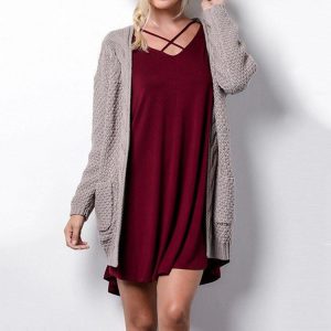 Hot Knitwear  Solid Color Loose-Fitting Large Size Pocket Twist Sweater Cardigan Plus size - Hummus - XXX Large