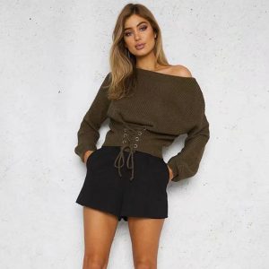 Bottoming Sweater Autumn and Winter Women Clothing New Short Bandage Lace-up Fitted Waist Sweater  Fashion - Army Green - One Size