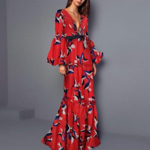 2021 Plus Size Popular Dress Popular Style Sexy V Neck Printing Puff Sleeve Dress Summer - Red - XXX Large