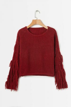 Autumn and Winter New Women Fashion round Neck Sleeve Tassel Knitted Sweater  Expert Women - Burgundy - One Size