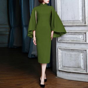 Plus Size Dress Hot Women Shawl Multi Color Waist Slimming Temperament Dress Midi Dress - Army Green - XXXXX Large