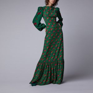 2021 Plus Size Early Autumn Skirt round Neck Lantern Sleeve Printed Dress Long Sleeve Women Clothing - Green - XXX Large