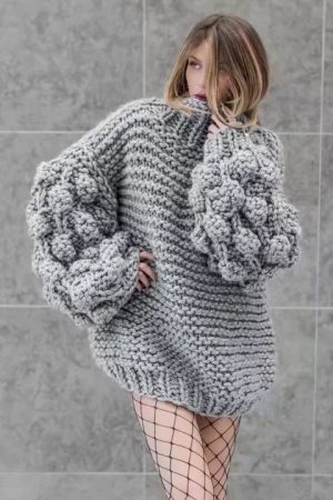 Autumn and Winter New  Style  Hand-Woven Ball Lantern Sleeve Pullover Sweater for Women Plus size - Gray - XXXX Large