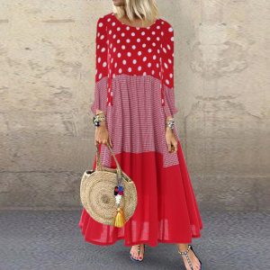 Plus Size Loose plus and Extra Size Polka Dot Stitching Long Sleeve round Collar Dress - Red - XXXXX Large