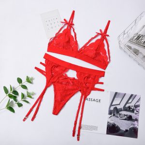 Fashion Lace Stitching Underwear Bow Cross Garter Three-Piece Set - Red - Large