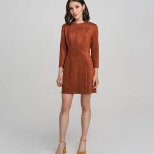 2021 Autumn Popular   Women Nine-Quarter Sleeve Solid Color round Neck Simple and Short Dress - Khaki - XX Large