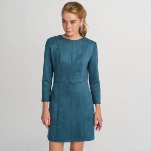 2021 Autumn Popular   Women Nine-Quarter Sleeve Solid Color round Neck Simple and Short Dress - Blue - XX Large
