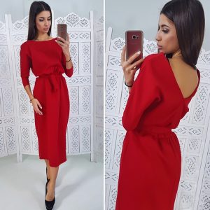 Women Clothing 2021 Popular Solid Color and V-neck round Neck Belt Midi Dress - Red - XX Large