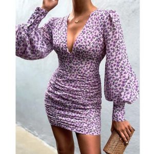 Sexy Chiffon Deep V Neck Lantern Sleeve Floral Dress Women Holiday Button Shirring Party Dress Female Slim Club - Purple - XX Large