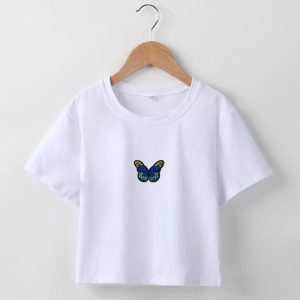 2021  Short T-shirt Butterfly Embroidered Navel Slim Short-Sleeved Tops Women  Clothing - Blue Embroidered White Clothing - Large