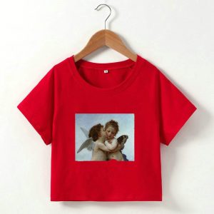 Summer New Angel Print O-neck Short Bare Midriff Slim Fit Short Sleeve T-shirt Women  Clothing - Red - Large