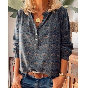 2021 Spring New Vintage Printed Stand Collar Long Sleeve Casual Women Shirt Top plus size - Navy Blue - XXX Large