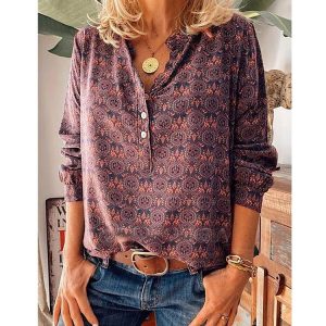 2021 Spring New Vintage Printed Stand Collar Long Sleeve Casual Women Shirt Top plus size - Burgundy - XXX Large