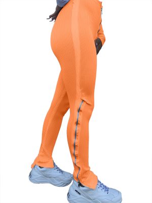 Women Clothing  Fashion Pure Color Tight Zipper High Waist Casual Slit Slightly Flared Sports Pants - Orange - XX Large