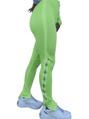 Women Clothing  Fashion Pure Color Tight Zipper High Waist Casual Slit Slightly Flared Sports Pants - Green - XX Large