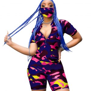 Women Clothing Camouflage Zipper Stretch Fashion Leisure Home Sports Suit (Including Mask) - Navy Blue - XX Large