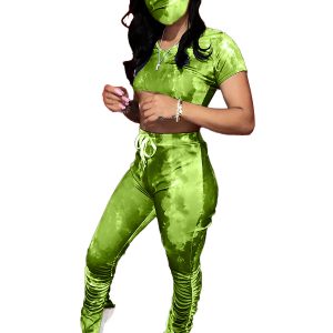 New Women Clothes Tie-Dye Fashion Fold Split Slightly Flared Sports Suit (Including Mask) - Green - XX Large