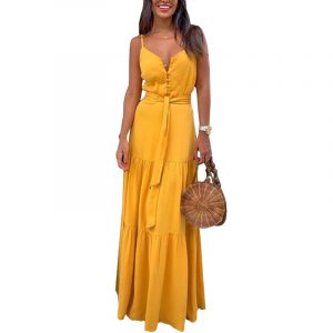 2021 Plus Size Summer New Women Clothing Personalized Button Sexy V Neck Splicing Sling Dress - Yellow - XXX Large
