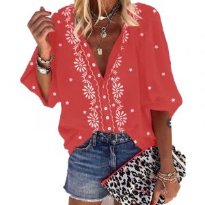 2021Plus Size Spring and Summer New Positioning Printing Long Sleeve Button Women Shirt - Red - XXX Large