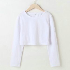 Autumn New Solid Color Bare Midriff Slim Fit Short round Neck Long-Sleeved T-shirt Women  Bottoming Shirt - White - Large