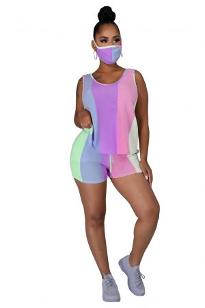 Women Clothing Color Stripes Printed Lace up Leisure Sports Suit (Including Masks) - Purple Pink - XX Large