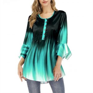 2021 Plus Size Women Clothing New Gradient T-shirt Open Collar Ruffle Sleeve Women Top - Green - XXXXX Large