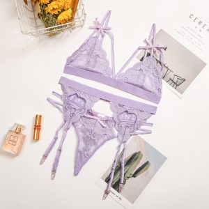 Fashion Lace Stitching Underwear Bow Cross Garter Three-Piece Set - Light Purple - Large