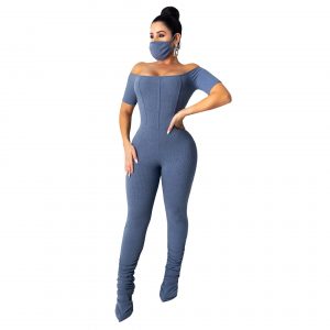 Women Clothing Fashion Sunken Stripe New off-Shoulder Stacked Pleated Sexy Jumpsuit (Including Mask) - Gray - XX Large