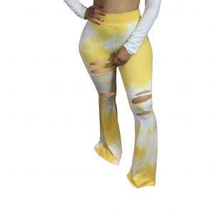 Women Clothing Autumn New Tie-Dyed Elastic Ripped Tight Casual Effect Bell-Bottoms - Yellow - XX Large