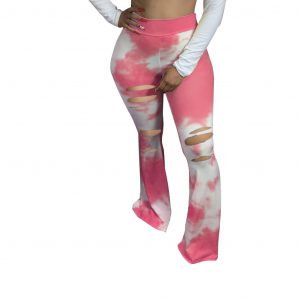 Women Clothing Autumn New Tie-Dyed Elastic Ripped Tight Casual Effect Bell-Bottoms - Red - XX Large