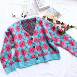 Light Purple Internet Popular Plaid Sweater Coat Women Short Loose Long Sleeves Autumn and Winter Knitted Cardigan Top Clothes - Turquoise - Medium