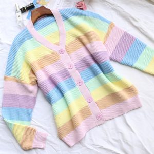 New 2021 Sweater  Fall Women  Clothing New Top Rainbow Stripes Youthful-Looking Loose Sweater Cardigan Coat - Rainbow Stripes - One Size