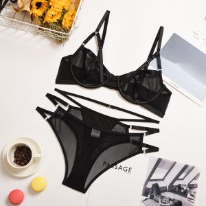 Summer New Women  Clothing Mesh See-through Hollow out Stitching Strap with Steel Ring Push up Underwear - Black - Large