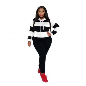 Black and White Striped Large Size Sweater Casual Suit Fashion Slim Fit Slimming Two-Piece Set - White - XXXX Large
