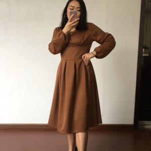 2021 Women Clothing  Long Sleeve Solid Color Waist Tight Large Swing Elegant Midi Dress for Women - Brown - XX Large