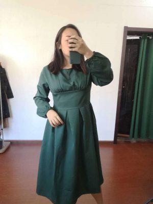 2021 Women Clothing  Long Sleeve Solid Color Waist Tight Large Swing Elegant Midi Dress for Women - Green - XX Large