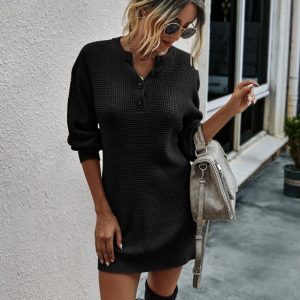 Women Thick Knit Turtleneck Sweater Mid-length Dress Winter Elastic Long Pullover - Black - Extra Large
