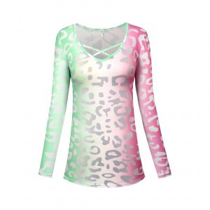2021 New Plus Size Women Clothes Leopard Print Gradient V Neck Long Sleeve Loose T-shirt - Green - XXXXX Large