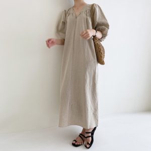 Style Summer New Women Clothing Simple Casual Loose Long Cotton Linen Short Sleeve Dress Long Skirt for Women - Khaki - Extra Large
