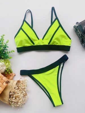 2021 Sexy Neon Bikini Set High Cut Bathing Suit Patchwork Swimsuit Female Push Up Swimwear Swimming Suit For Women Beach Wear - Green - Large